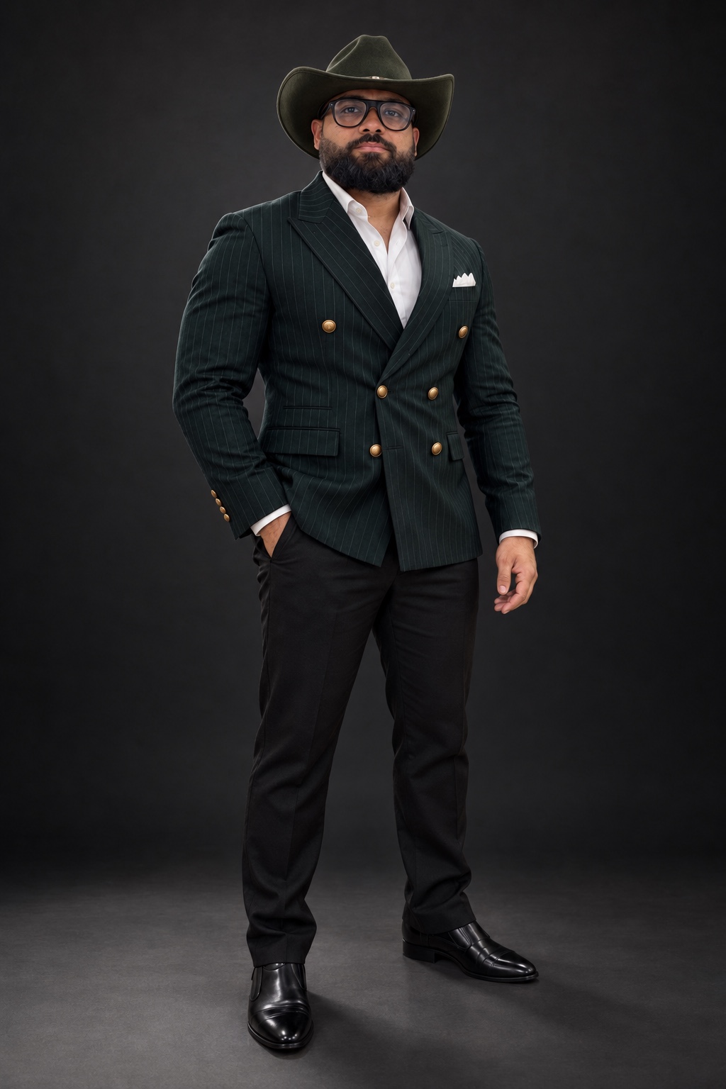 Rauthen Heresy, founder and first artist of Sons of Heresy, in a dark green pinstripe suit and cowboy hat